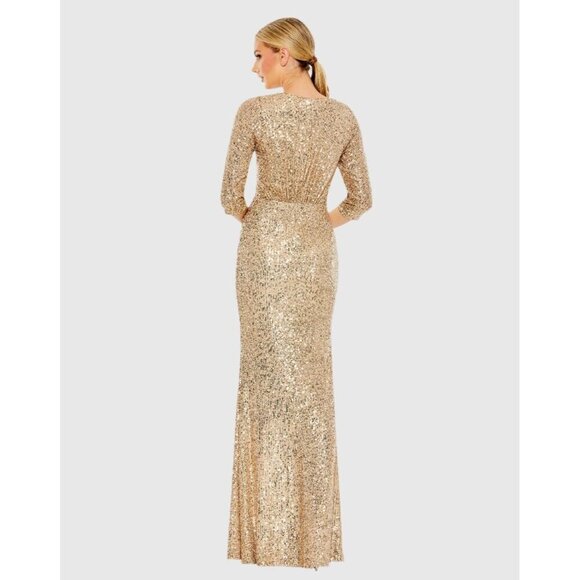 Mac Duggal Size 2 Gold SEQUINED DRAPED 3/4 SLEEVE Formal GOWN Dress New Prom - Picture 3 of 10
